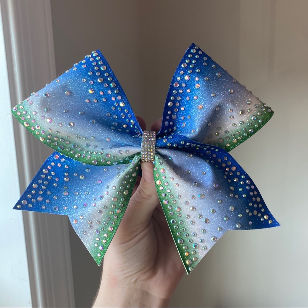 Sparkly Cheer Competition Bow (Green/Blue/White)